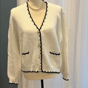 Adrianna Papell Textured Cream Cardigan with Black Accents and Pearl Buttons
